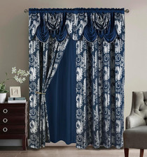 Jacquard Luxury Window 2 Panel Set Navy Curtain With Attached Valance And