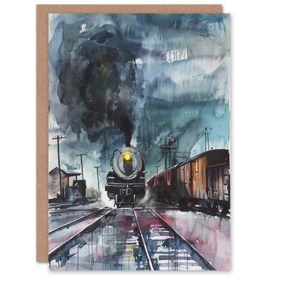 Greeting Card Steam Train Arrival Yard Stormy Day Watercolour Blank Birthday