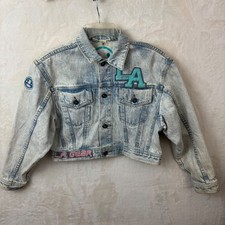 LA Gear Acid Wash Denim Crop Jacket Vintage Retro 80s Jewell Logo Buttons sz Sm