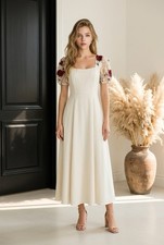 Shein Women’s White Midi A-Line Dress Square Neck Puff Sleeve Embroidered L