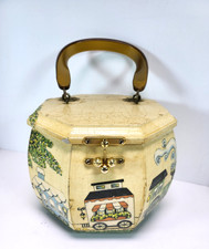 VTG Decoupage Wood Box Purse Lucite Handle Countryside Train Scene w/Animals