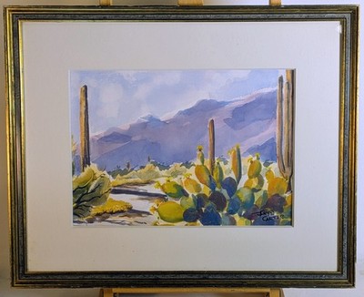 Vintage Painting Arizona Southwest Desert Cactus Watercolor by Fred Carter