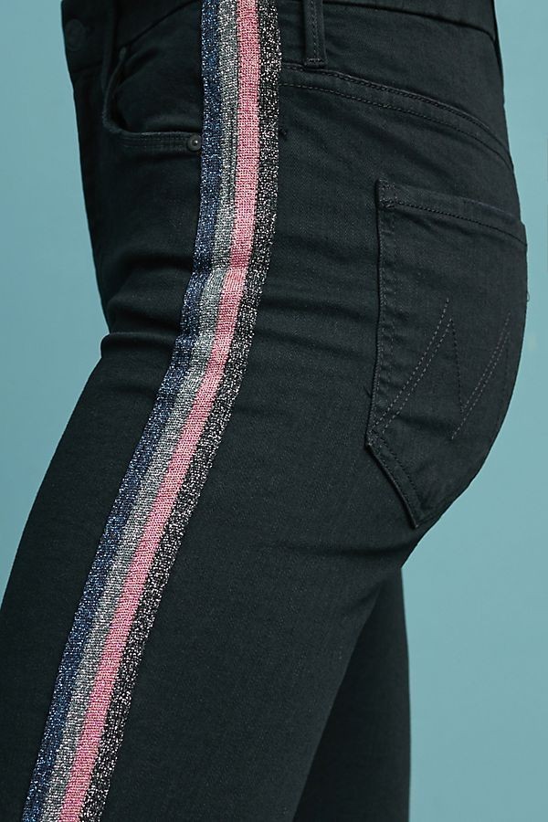 NWT Mother High Waisted Looker Ankle Fray Guilty Glitter Racer Stripe Black 25 image 10