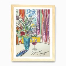 Bonjour Toujour. Flowers and Wine o Framed Wall Art Poster Canvas Print Picture