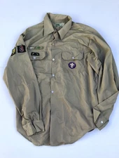 VINTAGE BUKTA TEXLON ADULT SCOUT LEADER SHIRT WITH BADGES 23” PIT TO PIT