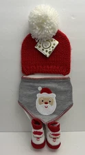 Little Me Santa Knit Baby Pom Pom Hat, Bib & Sock Booties 0-12 months CUTE NEW