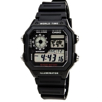 Casio Unisex Watch Classic World Timer Grey Digital Dial Black Strap AE1200WH-1A