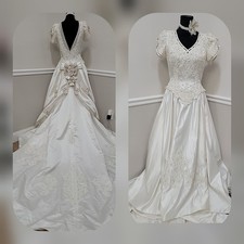 VTG 1990s Mon Cheri Ivory Satin Wedding Dress Beaded Lace Bridal Gown w/ Train
