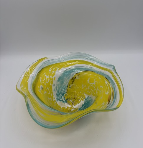 Yellow Blue Speckled Swirl Abstract Wavy Rim Hand Blown Art Glass Bowl 9"