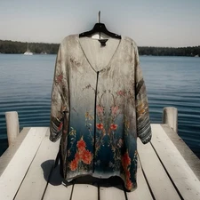 CITRON Santa Monica NEW 2X Oriental Floral Artsy 💯% Silk Blouse Top😍Stunning