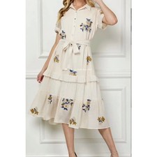 Figueroa & Flower Embroidered Tiered Midi Dress Flowy Floral Ruffle Large Tan L