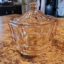 Vintage Pink Indiana Glass Concord Pattern Octagon Covered Candy Dish Vanity Jar