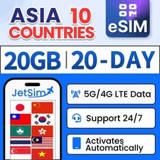 Asia 10 Countries eSIM - 20GB High-Speed, 20 Day JetSim/Travel SIM