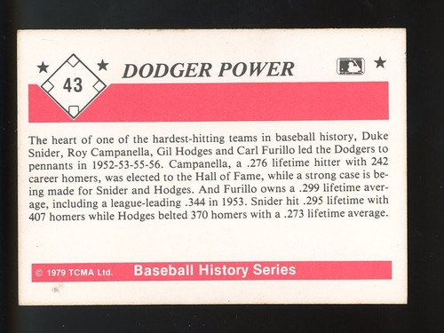 TCMA 1979 años 50 #43 Dodger Power Snider/Campanella/Hodges casi como nuevo o mejor - Imagen 2 de 2