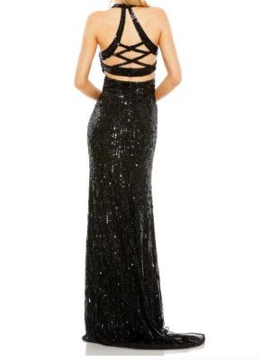 MAC DUGGAL 5390 SLEEVELESS FAUX WRAP SEQUIN EMBELLISHED CUTOUT BLACK GOWN sz 2