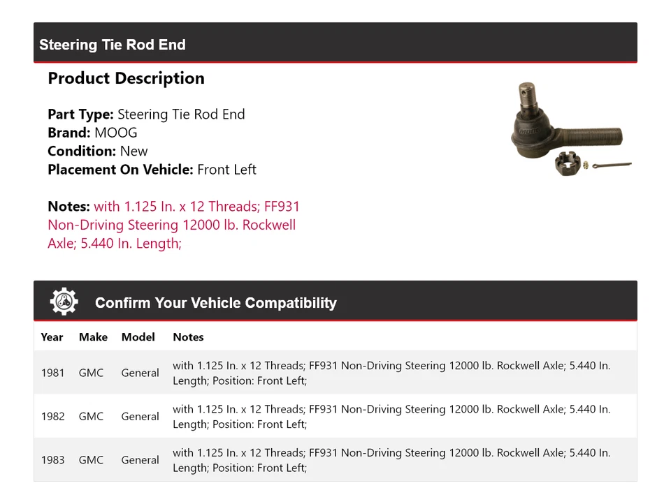 Barra de amarre delantera izquierda para GMC General 1981-1983 MOOG 1981 1982 1983 Foto 2 de 4