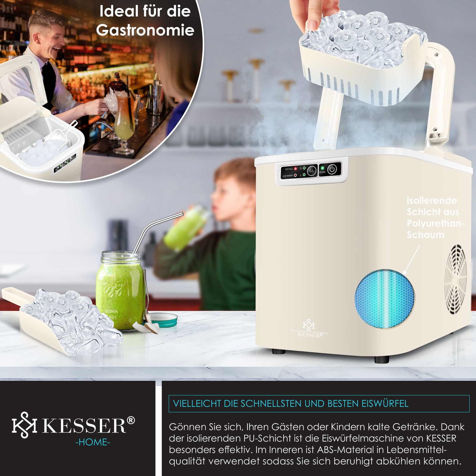 KESSER Eiswürfelmaschine Eiswürfelbereiter 2,2L Ice Maker 9 Eiswürfel in 7min