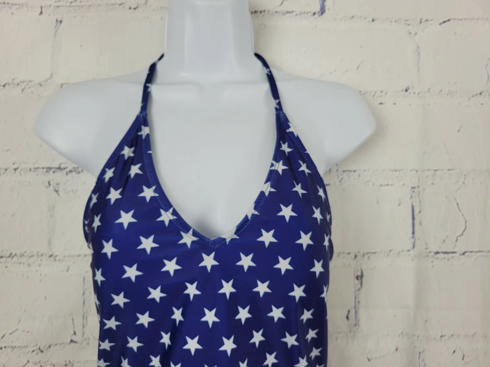 Bobbie Brooks ladies Swimsuit Blue Stars Tankini Top only Medium V-neck Halter - Image 2 of 4