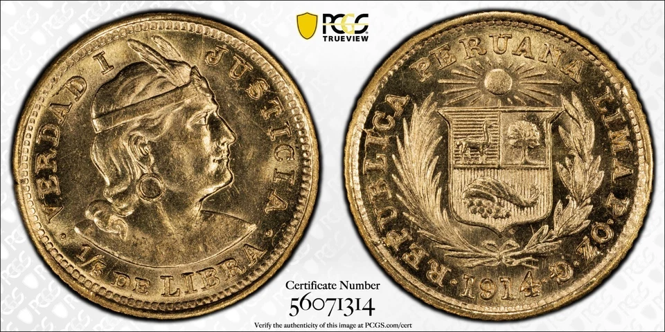 1914 POZG Peru 1/5 Libra Gold Coin, Trade Coinage - Choice UNC, PCGS MS64 - Image 3 of 3