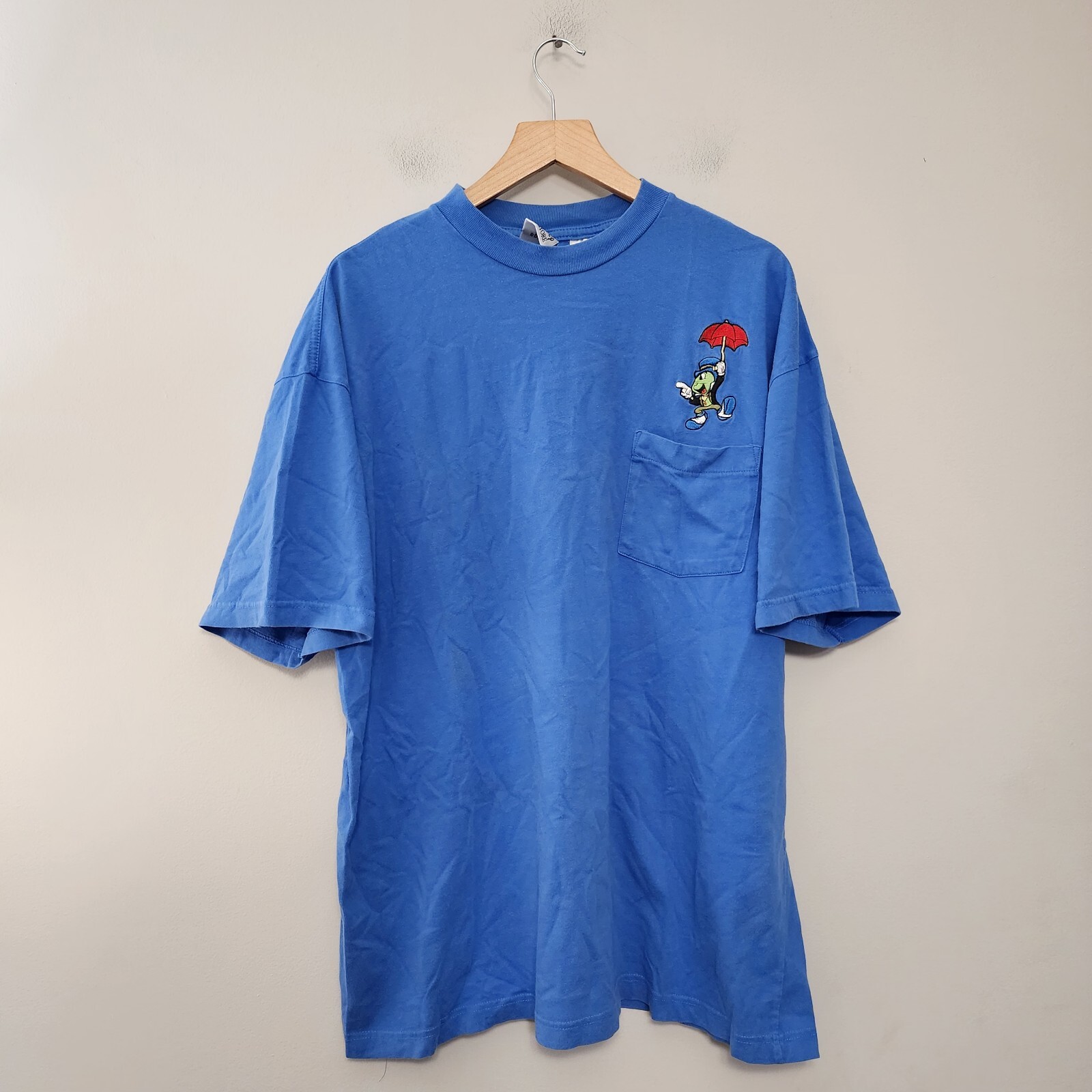 Vintage Disney Jiminy Cricket Pocket Mens Tshirt XL Embroidered Blue