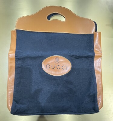 Vintage GUCCI Black Felt Wool Faux Leather Crest Tote Dust Bag