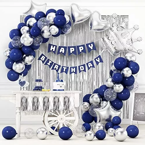 Decoracion Globos Cortina Azul Marino y Plata De Cumpleaños Fiestas Para  Hombre