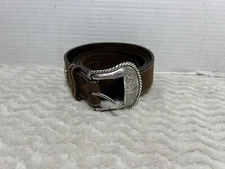 LARRY MAHAN Brown Genuine Leather Silver Tone Ranger Western Belt Buckle Men 42