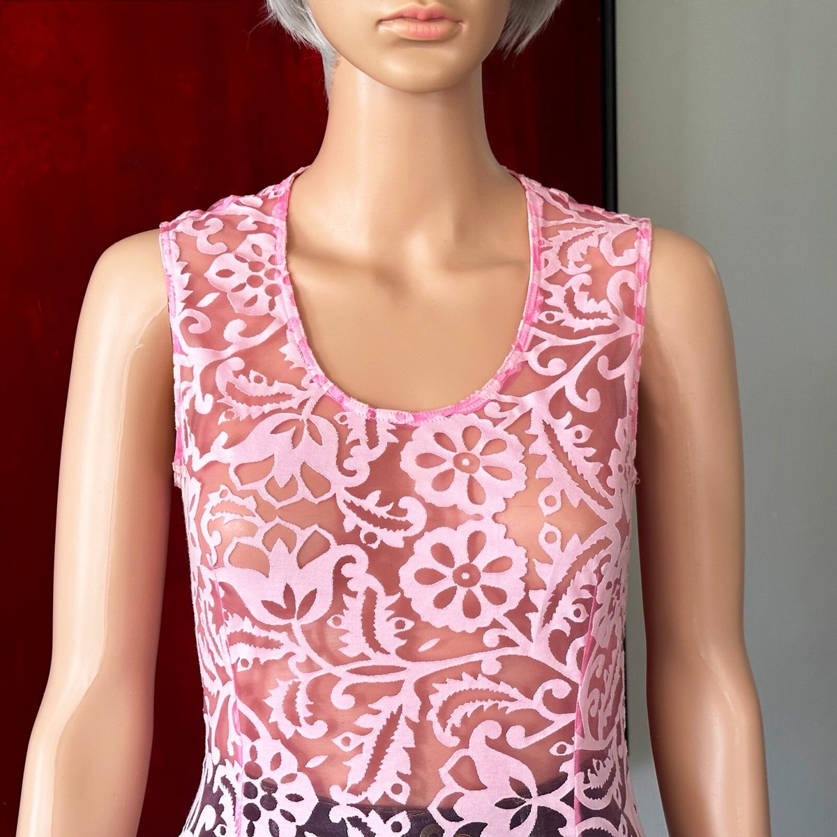 GIANNI VERSACE Punk Laser-cut Pink Sheer Top size 42 from S/S 1994