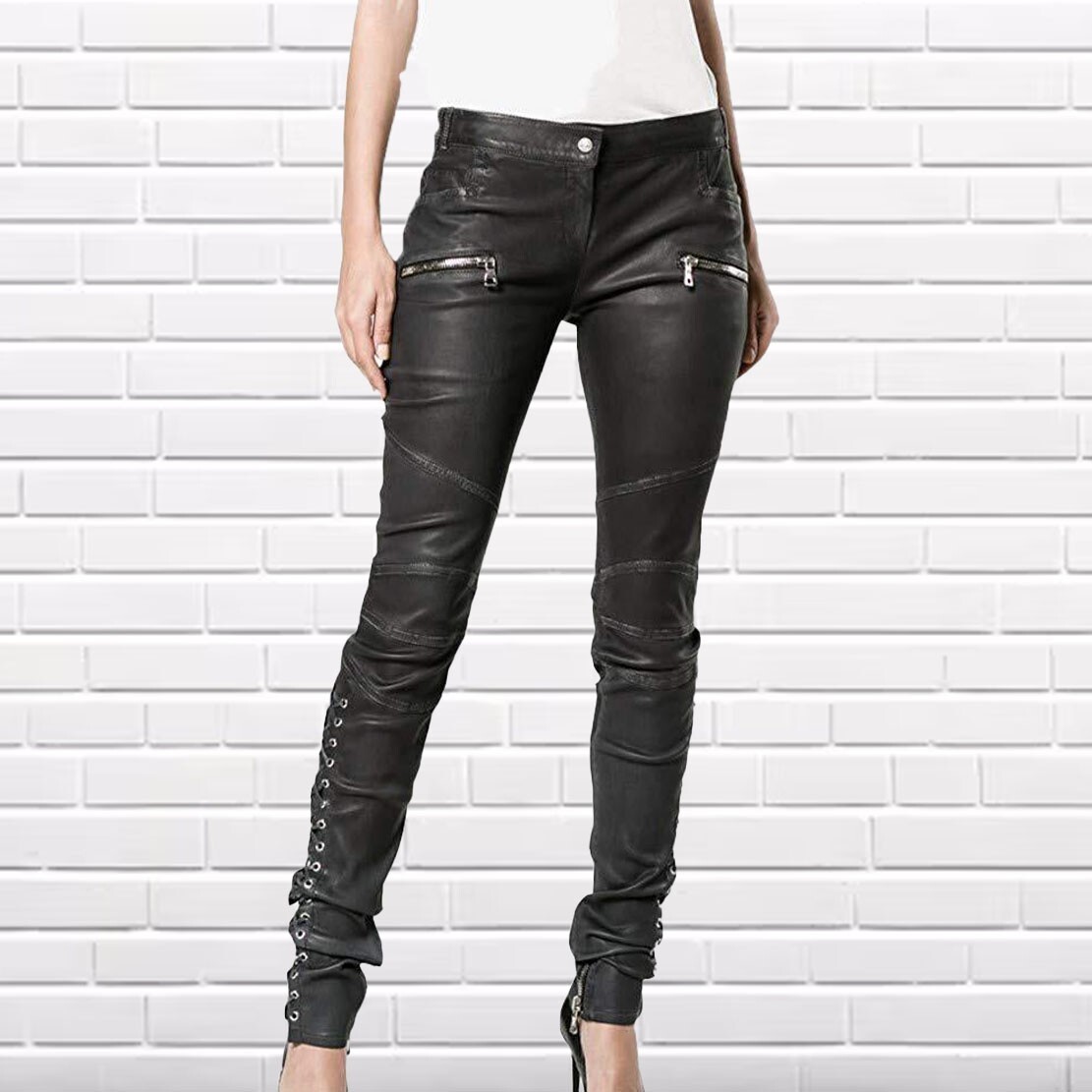 New Women's Lambskin Handmade Premium Pure Leather Pant Black Slim Fit