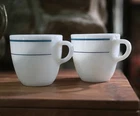 Pyrex 723 Blue Band Mugs, Set of 2, Vintage Corning Restaurant Ware, Milk Glass