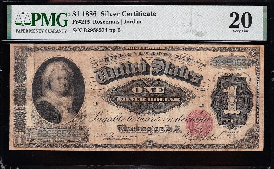 VERY NICE Bold & Crisp VF 1886 $1 Ornate "MARTHA" Silver Cert.! PMG 20! 58534 - Image 2 of 3