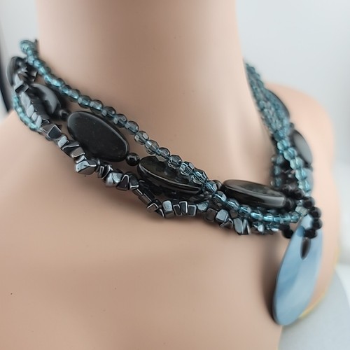 Multi Strand Wood Hematite Beaded Dusty Blue Shell Pendant Necklace, 16-19" - Picture 18 of 19