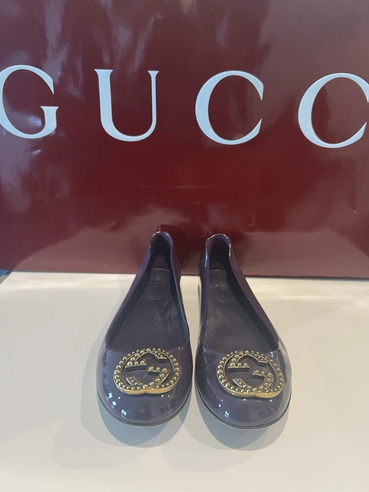 Pisos Gucci Vernice Ballet Talla 38 Doble G Logo Dorado Púrpura Oscuro Foto 2 de 3