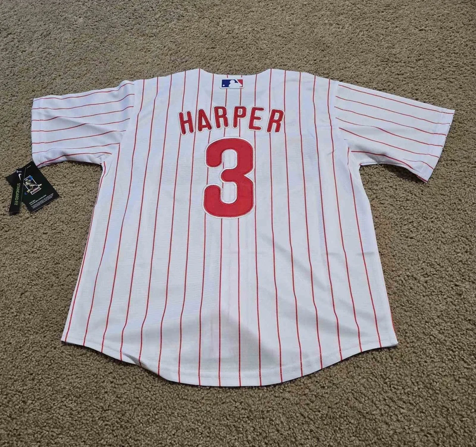 sNWT #3 Philadelphia Phillies Bryce Harper White Pinstripe Jersey Mens Medium - Image 2 of 2