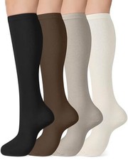Knee High Socks for Women 4 Pairs, Cotton Long Cream White Khaki Brown Black