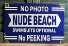 VINTAGE NUDE BEACH 12” PORCELAIN NO PEEKING PHOTO SWIMSUIT OPTIONAL SIGN