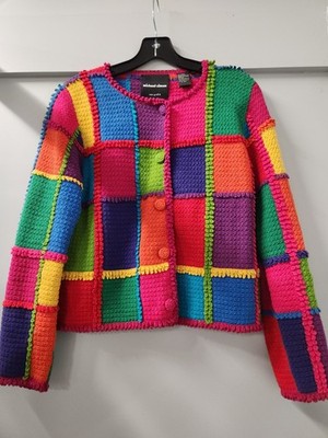 Vintage 1998 Michael Simon NY Multicolor Patchwork Cardigan Sweater Size S Rare