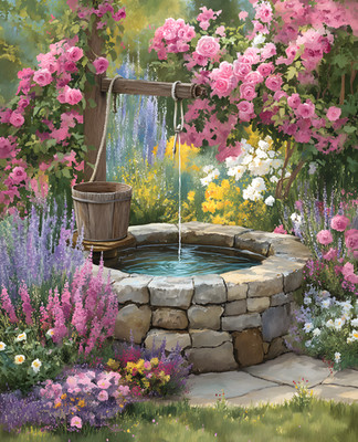 8x10 Cozy Storybook Garden with Flowers and Water Well Art Print - 467764437