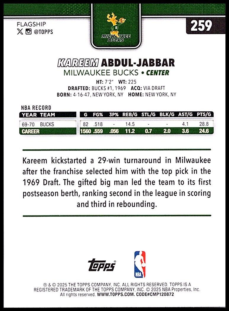 2025-26 Topps #259 Kareem Abdul-Jabbar | eBay