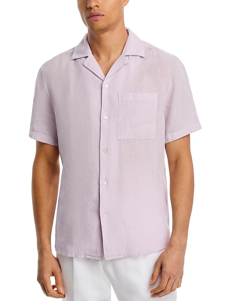 HUGO Ellino Linen Short Sleeve Camp Shirt Men's S Open Purple Button Closure