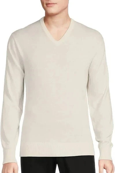 Cremieux Men's Luxury Cashmere V-Neck Sweater Egret Cream Size XL (NWT)
