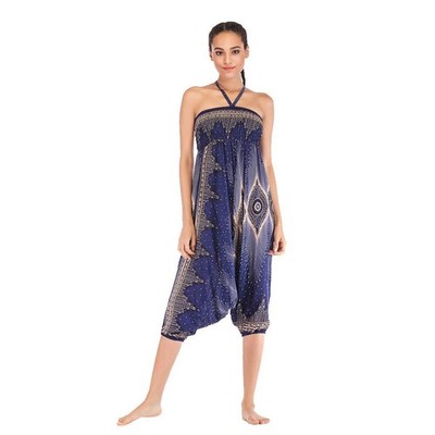 Damen Haremshose mit Blumenmuster gesmokter Bund Yoga Tanzhose