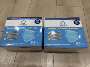 Litepak Premium Disposable Face Masks 2 Boxes (250 Total) Blue Brand New Sealed