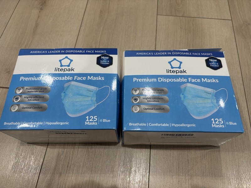 Litepak Premium Disposable Face Masks 2 Boxes (250 Total) Blue Brand New Sealed