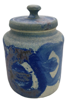 Vintg Studio Art Pottery Lidded Jar Canister Blue & Gray Signed Matte Finish 7.5