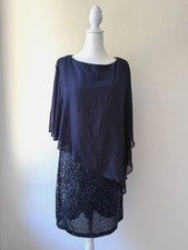 X By Xscape Navy Sequin Dress Sz 10 Cape Sleeve Chiffon Overlay Evening Cocktail