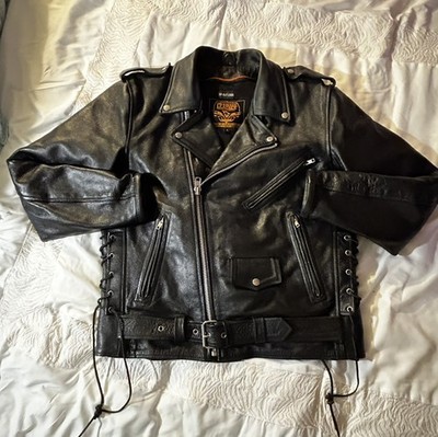 Fox Creek Leather Men s Black Motorcycle Jacket Side Laces Belted 38R