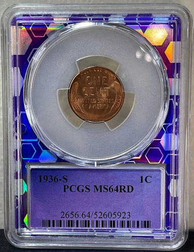 1936-S Lincoln Wheat Cent PCGS MS64 RD - Trader Bea Honeycomb Purple Core!