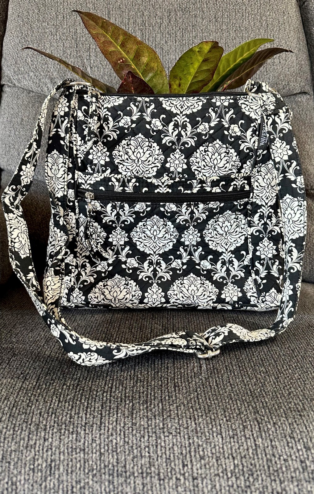 Waverly Large Fabric Crossbody Purse Black & White Flowers W