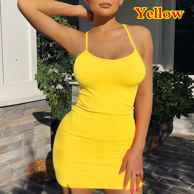 Sexy Women Solid Color Spaghetti Strap Sleeveless Club Party Bodycon Mini Dress - Picture 4 of 101